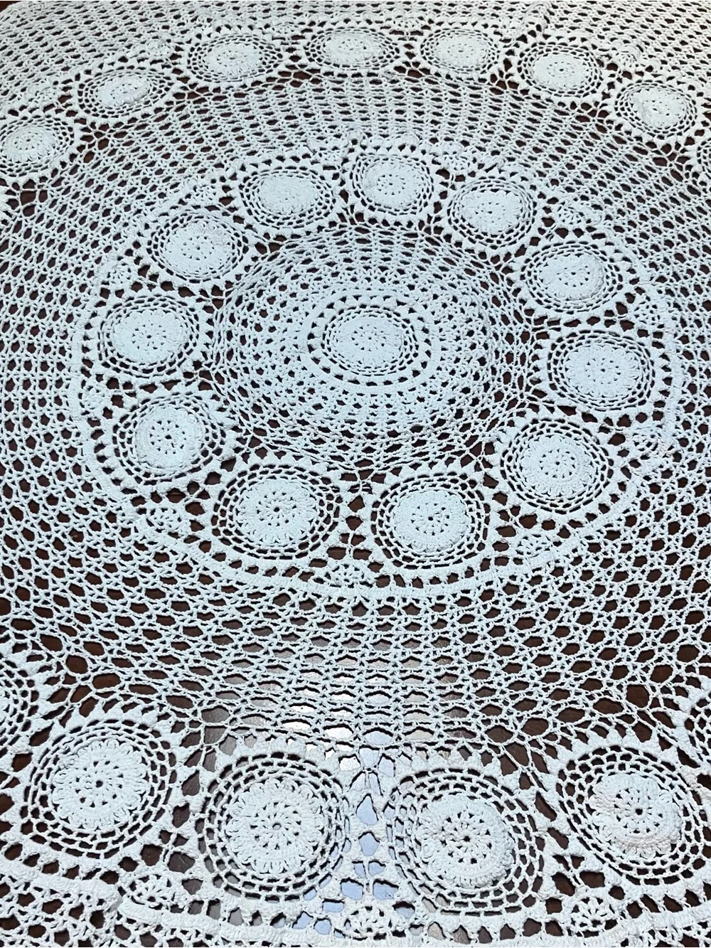 VTG White Crochet Tablecloth Round  Cottagecore Farmhouse Card Table 49.5in